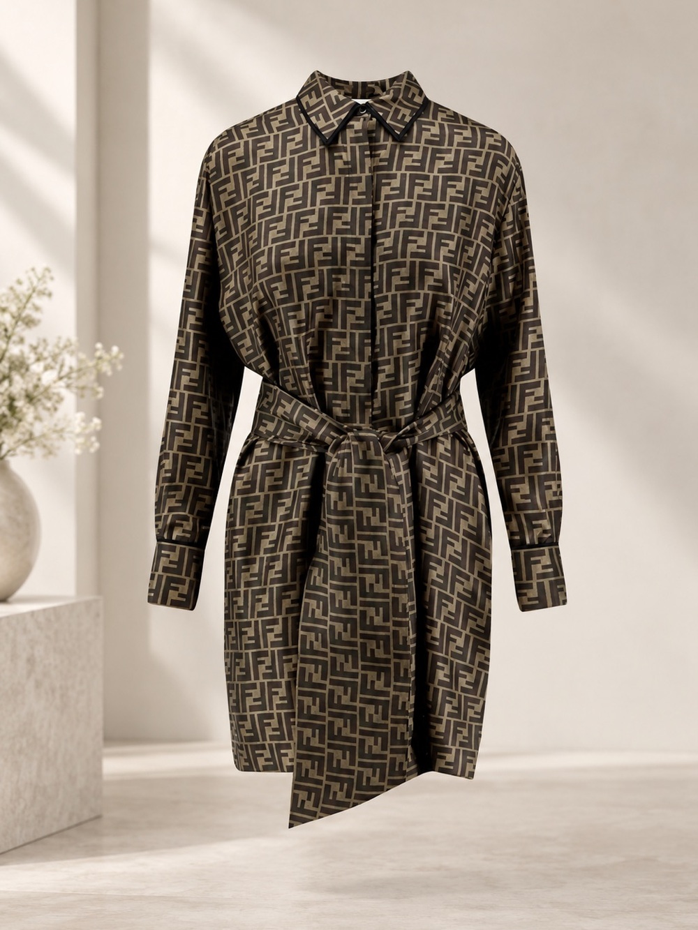 Fendi Olive & Black FF Logo Belted Shirt Midi Dress